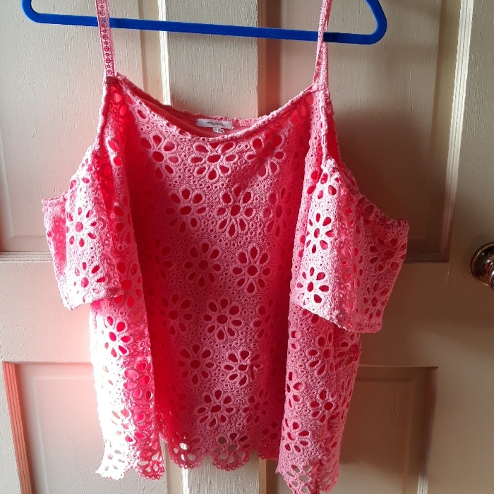 Peach fully-lined knit off the shoulder tank.